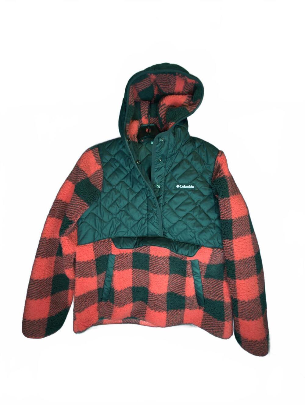 Columbia Womens M Red Black Buffalo Plaid Sherpa Fleece Pullover Hoodie Quilted